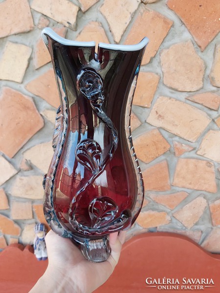 Beautiful burgundy old glass torn vase, collectible beauty nostalgia village decoration 1