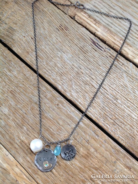 Kézműves izraeli ezüst nyaklánc opál kővel akvamarinnal és nagy igazgyönggyel