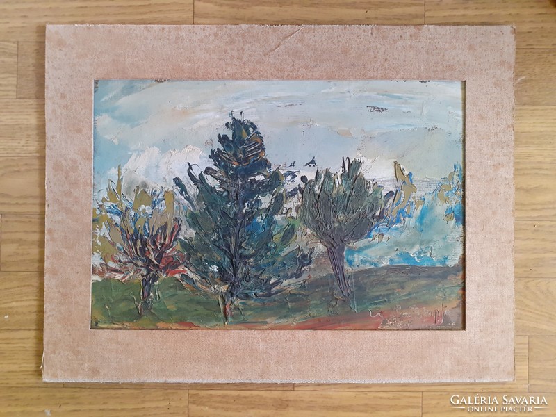 Tájkép - jelz.olaj-karton "Etienne Le Compte" belga festőművész (természet, fák, XX. század, modern)