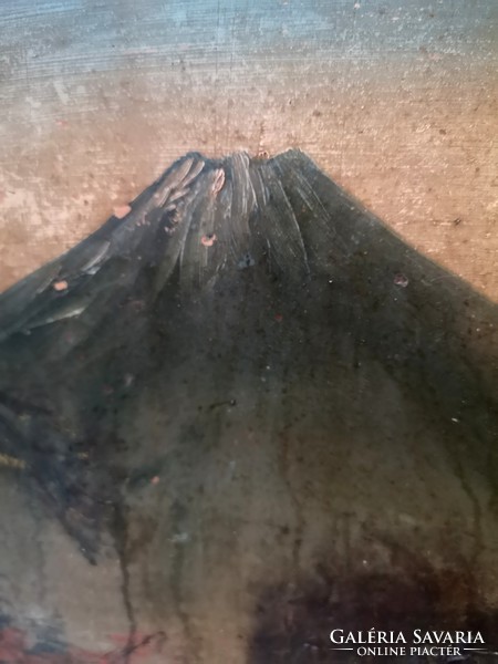 Régi japán olajfestmény, tájkép a Fujival, organikus, autentikus