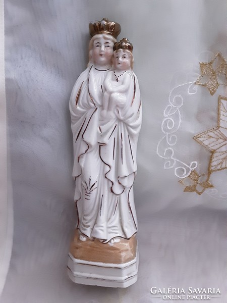 Antik, 1920 as évekből, 20 cm es, kézzel festett porcelán Mária gyermekével szobor