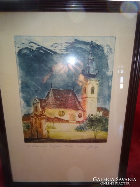 Kis Péter grafikus Győr Karmelita templom képe, mérete 29 x 24 cm.   33/100. Vanneki!