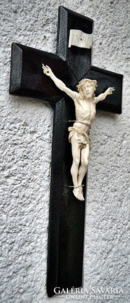 3. IGAZOLÁSSAL! Antik, CSONT Jézus Krisztus (18.5 cm hatalmas méretek!)  41 cm-es feszület, impozáns