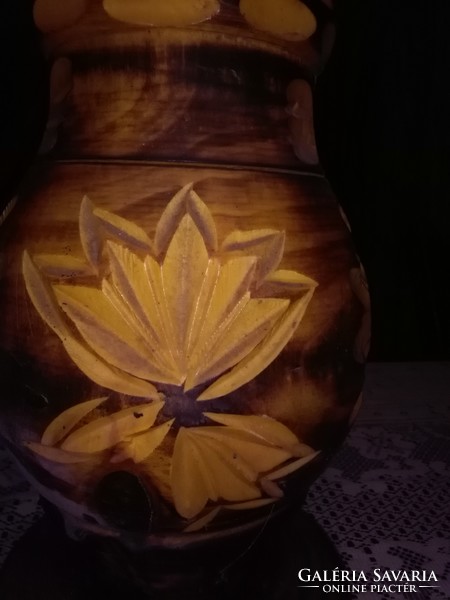 Retro faragott fa váza, padlóváza - 51 cm - virágok, levelek