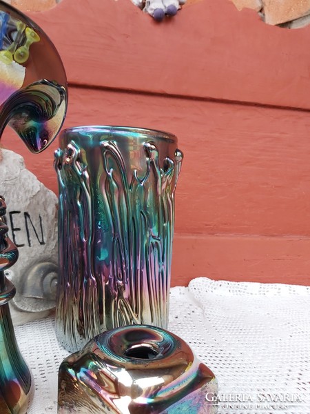 Üveg eozinos eozin irizáló szakított  Karcagi váza tintartó vagy gyertyatartó ritka Gyűjtői művészi