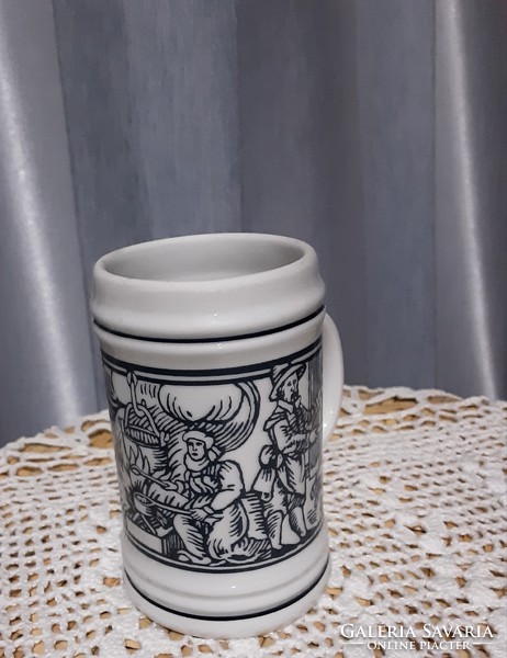Hollóház porcelain beer mug with dark blue pattern, original, marked, flawless