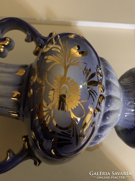 Porcelán padlóváza, kézi festés kék/ arany 40 cm