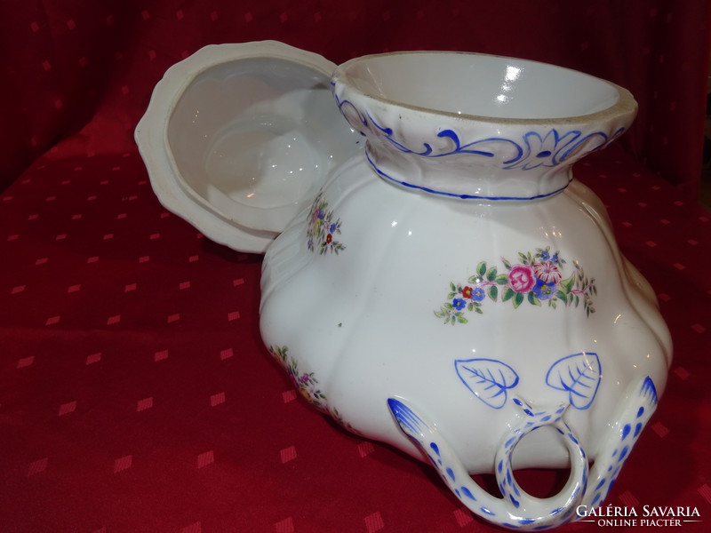 Cseh/német porcelán antik leveses tál, nagyméretű. Talpas, kék füllel, színes virágokkal. Vanneki!