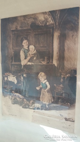 József Kórusz after Mihály Munkácsy: two families colored etchings