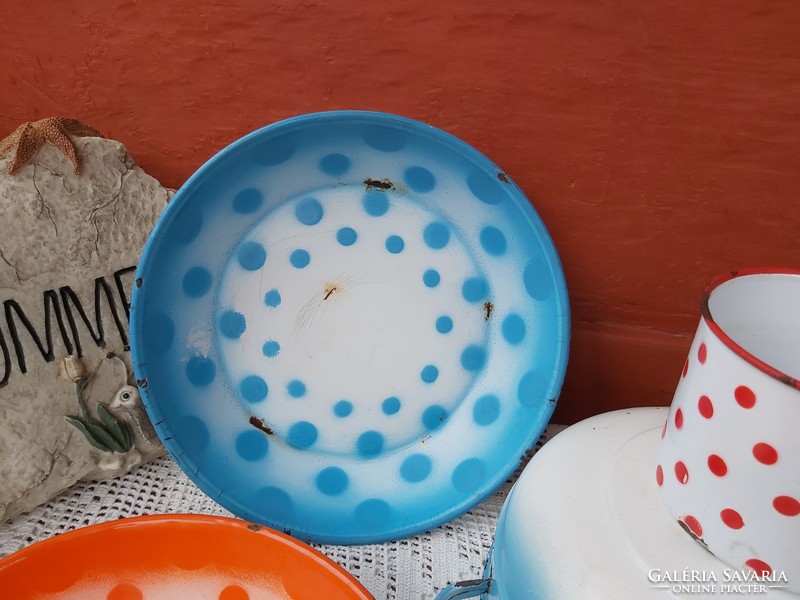 4 db-os régi zománcos pöttyös csomag Csepel tányérok tál bögre nosztalgia darab paraszti dekoráció