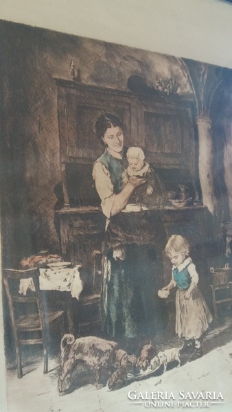 József Kórusz after Mihály Munkácsy: two families colored etchings