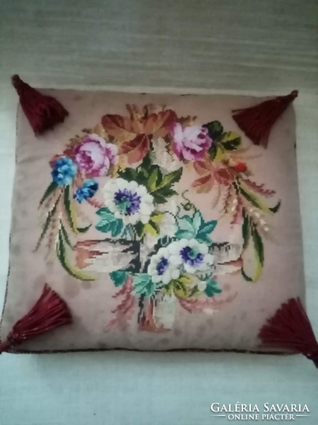 Old beautiful condition decorative pillow tapestry with hand embroidered front insert on the back silk corners with tassels