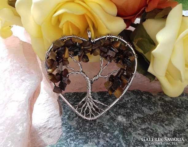 Large tree of life pendant term. Real tiger eye chips from eyes, rhodium