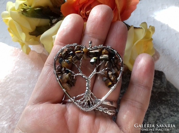 Large tree of life pendant term. Real tiger eye chips from eyes, rhodium