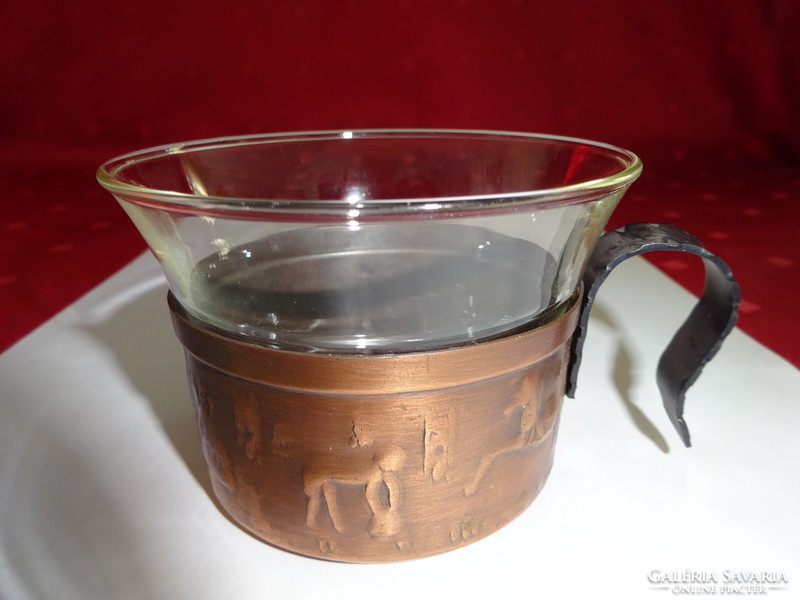 Glass tea cup in a copper sheet holder with a handle, diameter 8 cm. He has!