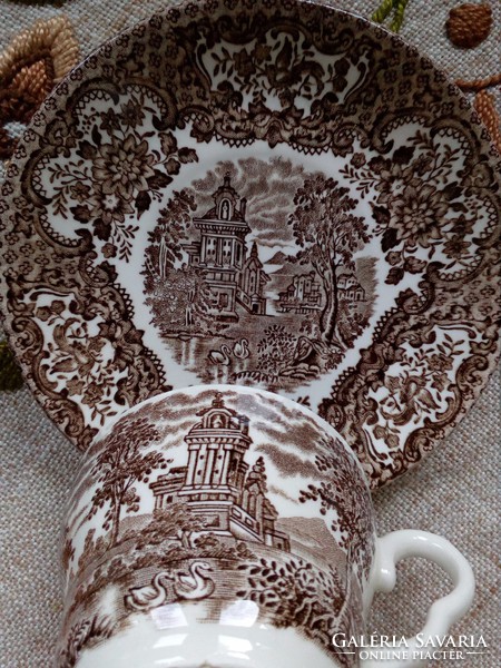 Renaissance castle with swans and antique medallion bird flower designs with English cup coaster