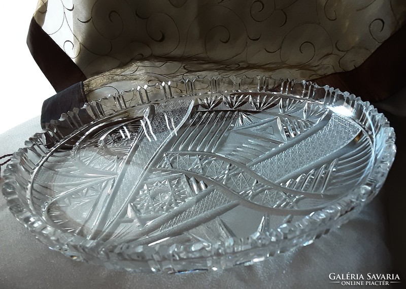Antik ólomkristály asztalközép, kínáló, 28 cm, szép csiszolt mintával