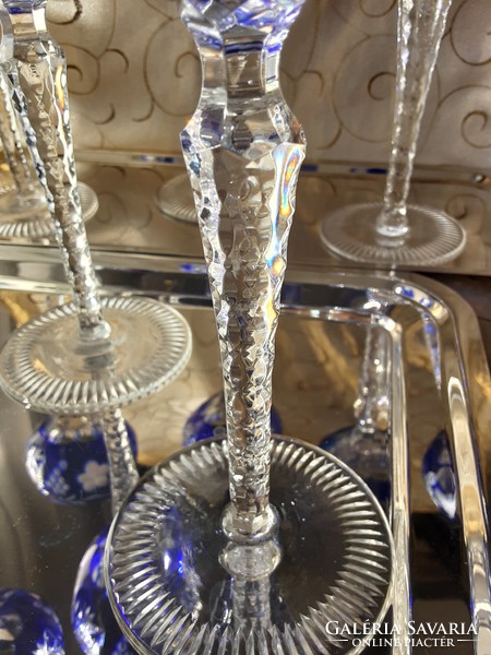 Royal blue lead crystal wine, set of 6, hand polished, original, kept in display case