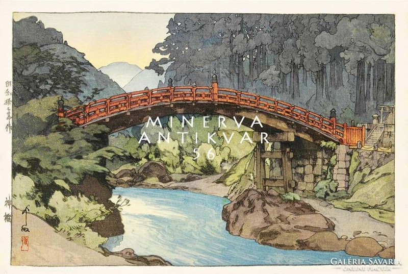Régi japán fametszet tájkép fa híd patak part erdő természet folyó Kitűnő minőségű reprint nyomat