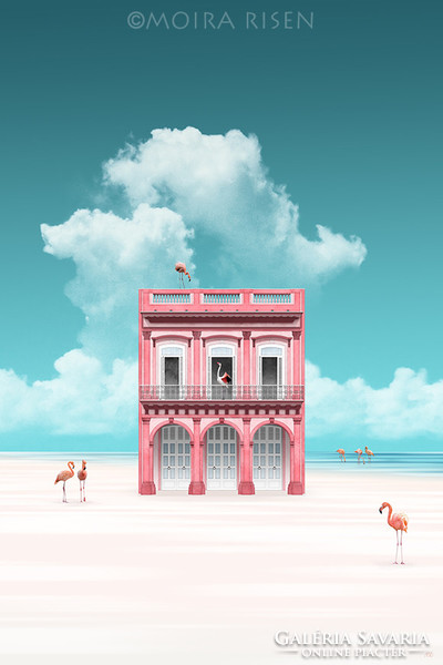 Moira Risen: A rózsaszínű ház Kortárs szignált fine art nyomat flamingó klasszicista épület tenger