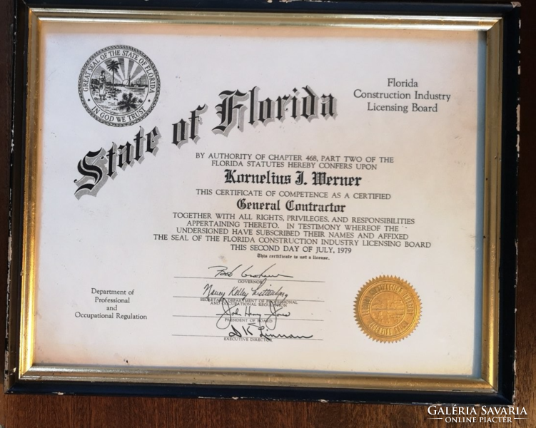 Különleges Florida Állambeli tanusítvány, engedély