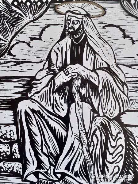 TAVASZY NOÉMI: Szt. András (linó) 1993 - Biblia, szent portréja, fekete-fehér emberábrázolás