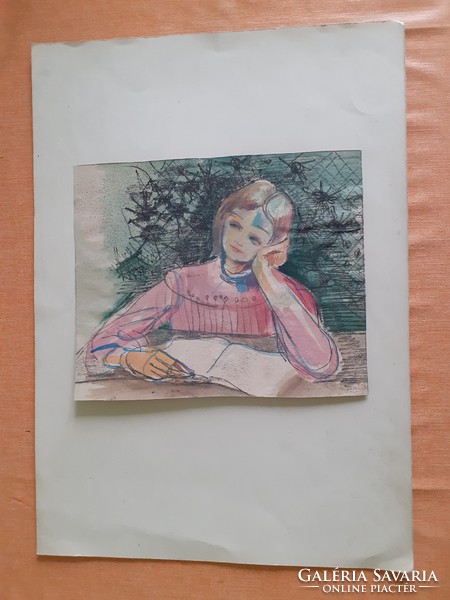 Ábrándozó lány, kétoldalas mű (vegyes technika 24x20 cm) álmodozás, portré, arckép, életkép