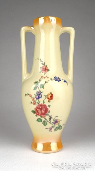 1D296 Virágdíszes irizáló fajansz váza díszváza 21.5 cm