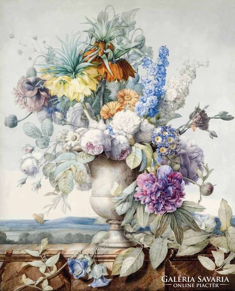 Colorful bouquet of flowers in a vase still life roses gerbera checkered lily p.J. Redouté 1810 reproduction print