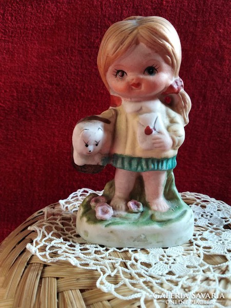 Biszkvit porcelán kislány, cicával, XX.szd második feléből