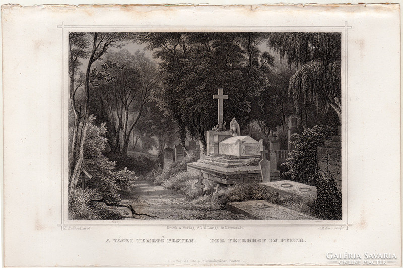 A Váczi temető Pesten, acélmetszet 1860, Hunfalvy, Rohbock, eredeti, Budapest, Pest, sír, metszet