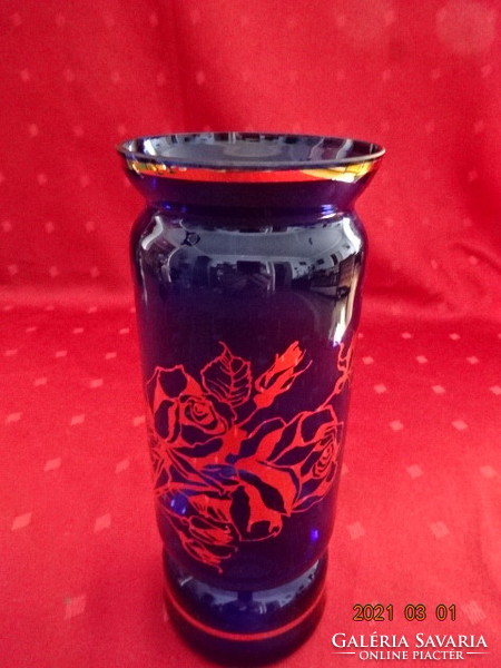Cobalt blue glass vase with golden roses and stripes, height 19 cm. He has!