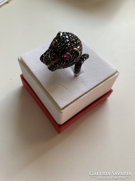 Fekete kristály párduc ezüst gyűrű