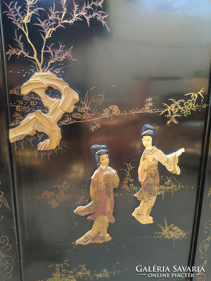 Antique Chinese Geisha Life Picture Bird Embossed Inlay 2 Drawer Black Lacquer Cabinet 3923