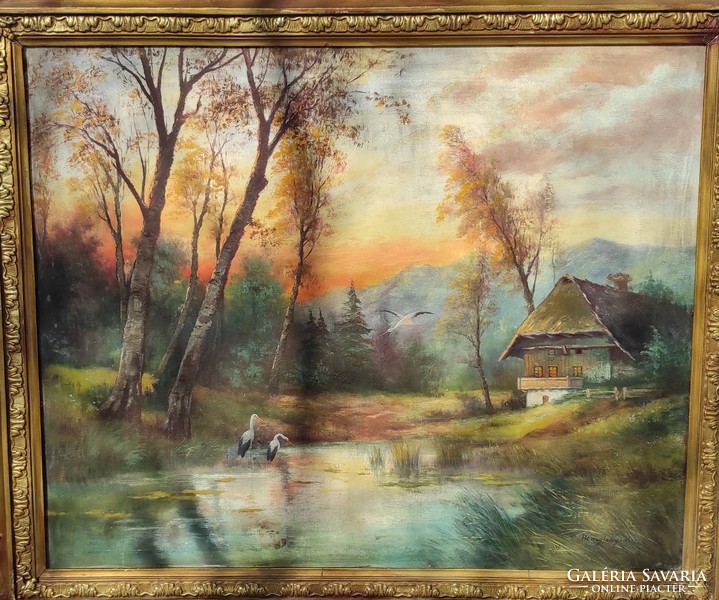 Hatalmas festmény,tàjkép gyönyörű színekkel,Gólyàk,Hercegfalvy M.