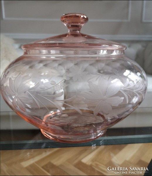 Crystal glass nodule bowl with giant lid in pink serving, 30 cm