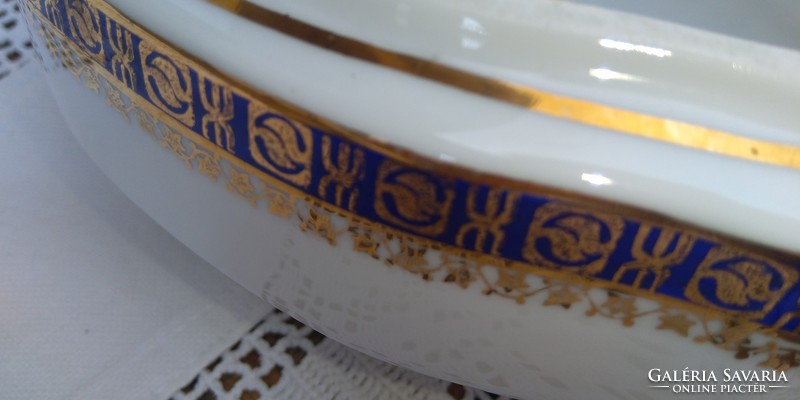 Antik kobaltkék-arany díszítésű gyönyörű porcelán szószos tál, fedővel