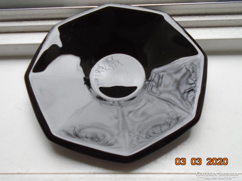 Elegant, modern, rare Octim French black opal glass bowl decorated with gold lines with a saucer