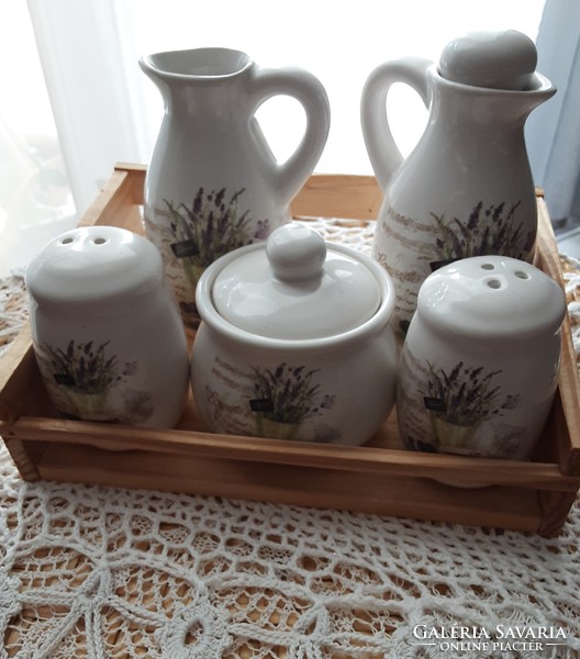 Beautiful lavender pattern 5 piece ceramic table menage set with wooden holder
