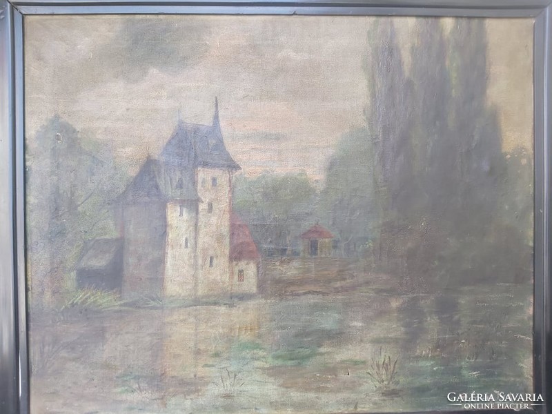 Tóparti látkép tornyocskával, jegenyékkel (olaj-vászon 65x82 "R. Louis Has") vizes tájkép, látkép