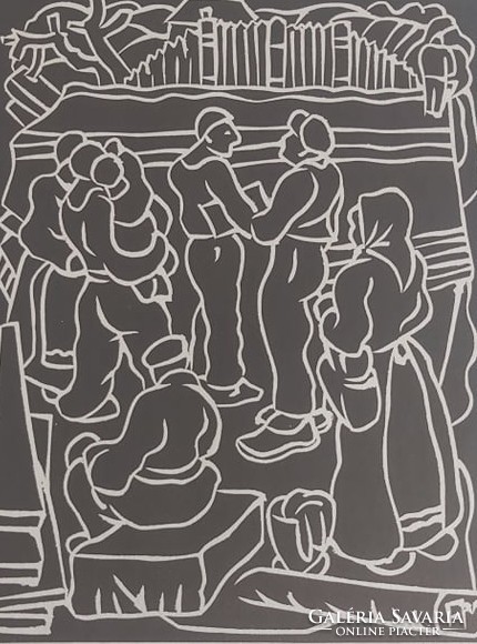 FARKASHÁZY: Beszélgetők (1947, linómetszet 32,5x25 cm) sokalakos, fekete-fehér