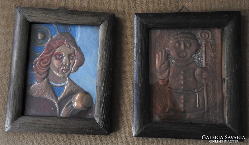 Portrait of King Matthias and a monk - fire enamel red copper relief goldsmith's picture pair