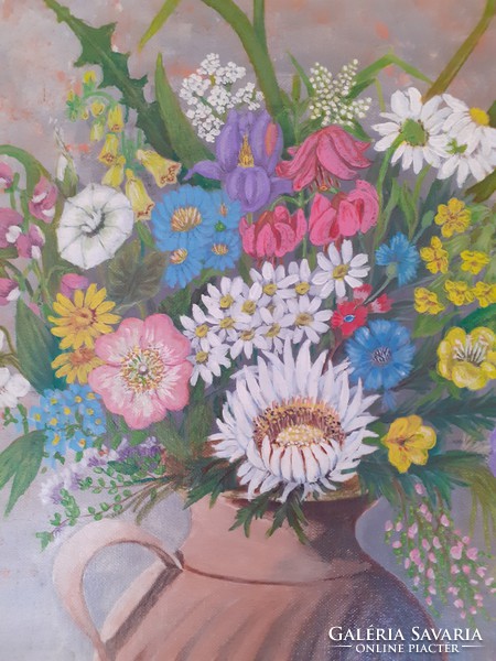 Színpompás vadvirágok, olaj-vászon kartonon, ismeretlen jelzés, 2002