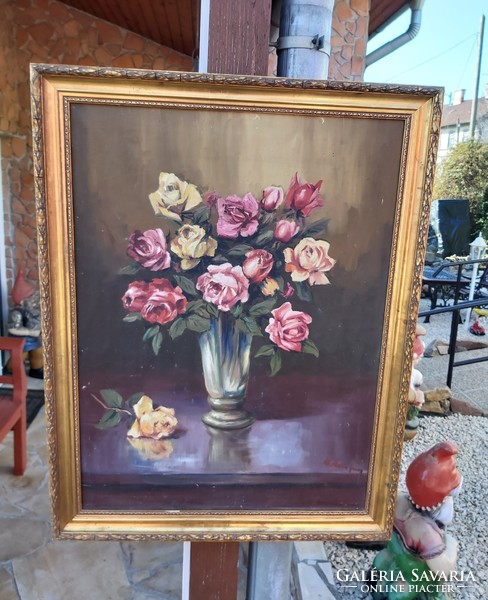 Beautiful rosy still life painting flower bouquet floral nostalgia piece peasant decoration
