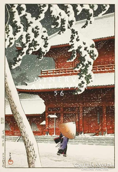 Régi japán fametszet - havas téli utca pagoda ernyős alak fenyő 1925 Kitűnő minőségű reprint nyomat