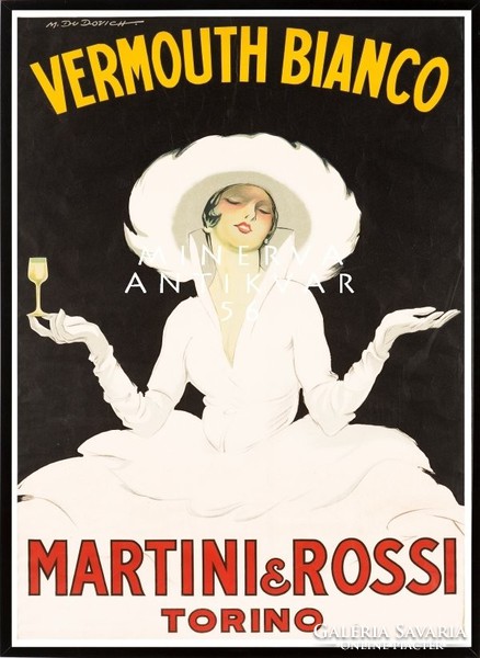 Vintage vermut martini szeszes ital alkohol reklám plakát, fehér ruhás hölgy kalapban, pohár Reprint