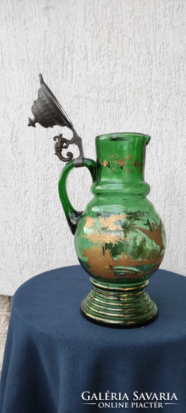 Antik karaffa,Csodàlatos zöld üveg  kancsó, kupa korsó ,fedeles madaras jcsodàlatos,