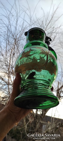 Ón kancsó,Csodàlatos zöld üveg Huta,fúvott kancsó,köszörült madaras járatra,csodàlatos, Luxus