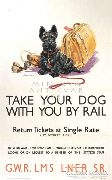 Vintage utazási reklám plakát reprint nyomat kutya skót terrier póráz vonat jegy táska golfütő zsák 