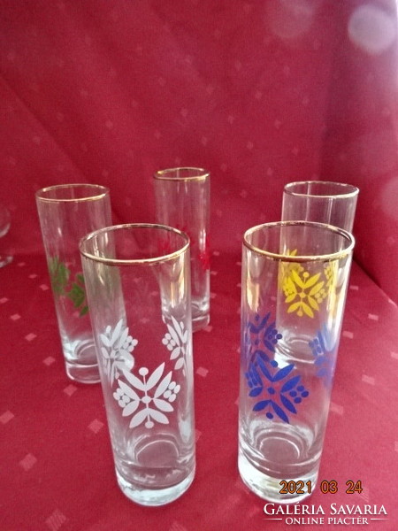Cylindrical glass cup with golden rim, colorful pattern, height 14 cm. 5 pcs for sale together. He has!
